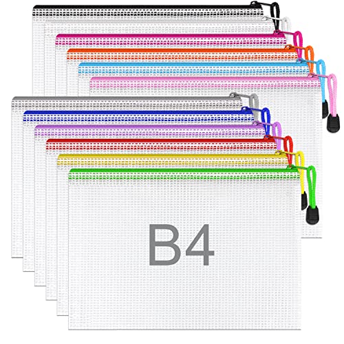 12 Stück bunte Dokumententasche B4 Recycling,wasserdichte Dokumententasche Reissverschluss,Datei Tasche Kunststoff für Dokumente, Quittung, Papier, Schule, Prüfungsblatt, Kosmetik, Reise