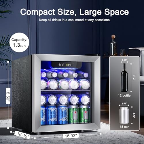 Antarctic Star 48 Can Beverage Refrigerator,12 Bottle Wine Cooler with Stainless Steel Glass Door, Digital Temperature Display,Electronic Temperature Control, Silver on Fridge.com