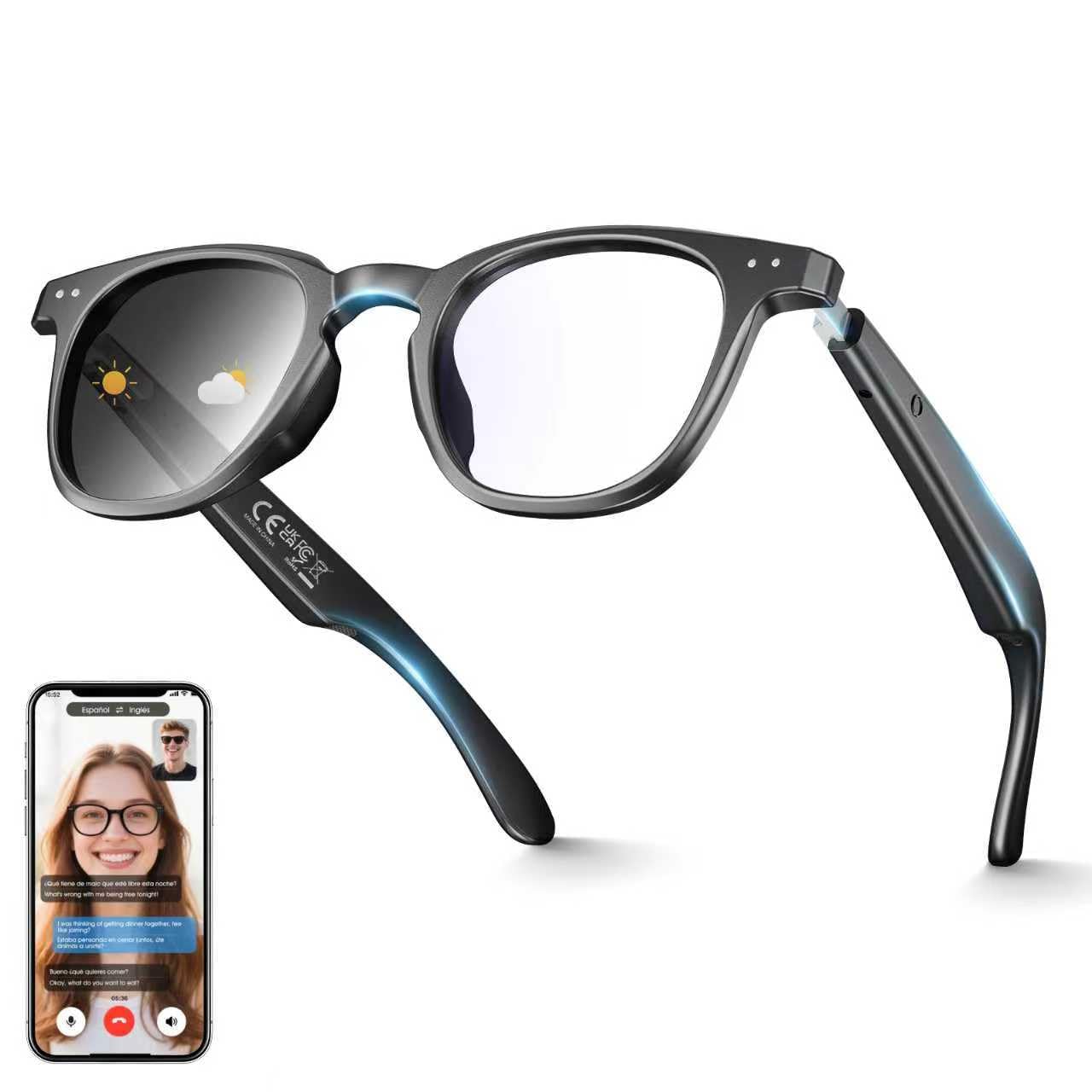 AI Smart Glasses for Men Women 140 Languages AI Translation Glasses with Open-Ear Stereo Speakers Indoor Outdoor Auto-tinting