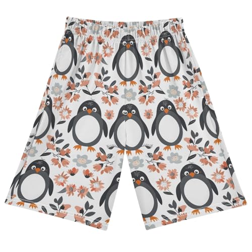 Cartoon Penguin with Flowers Short Pajama Pants Bottoms Soft Sleepwear with Pockets