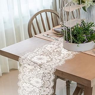 Fennoral 2pcs Wedding Lace Table Runners Lace White Tablecloth Floral Table Cover Macrame Tabletop Flag for Vintage Wedding Reception Bridal Shower Valentines Event Decor, 11 x 118 inches