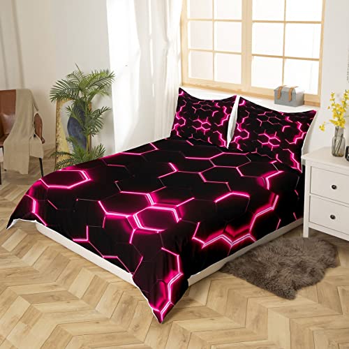 Pink and Black Print Duvet Cover Hexagonal Bedding Set Kids Boys Teens Honeycomb Decor Comforter Cover Beehive Simplistic Geometric Bedspread Cover Bedroom Collection 3Pcs King Size - Image 2