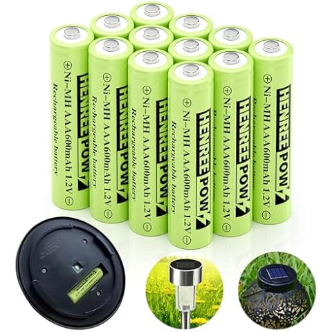 Henreepow AAA Rechargeable Battery, 1.2v Ni-MH Solar Batteries, Low Self-Discharge, Pre-Charged Triple A Battery for Solar Pathway Lights, Outdoor Solar Lights (600mAh -12pack) Cover