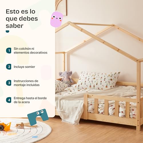 Miniatura 7 de En.Casa Cama Para Niños Casita Treviolo Hasta 70 Kg Cama Infantil Con Reja Protectora Forma De Casa De Madera Pino 80 X 160 Cm - Pino Natural