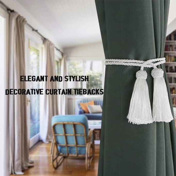 BEL AVENIR 2 Pack Curtain Handmade Tiebacks Decorative Curtain Holdbacks with Tassel (White, 2 Pack)