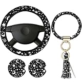 4 Pieces Black Moons White Stars Print Car Accessories Set Black Moons White Stars Steering Wheel Cover with 2 Pieces Car Cup Mats and Leather Keyring for Car Truck Suv(Vivid Pattern)