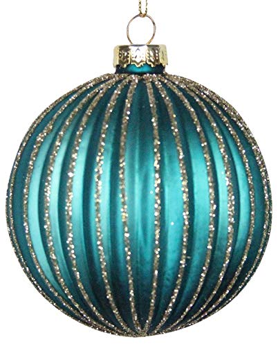 Gisela Graham Blue,Gold,Turquoise Peacock Blue Turquoise Ribbed Gold Glitter Glass Bauble Hanging Christmas Tree Decoration