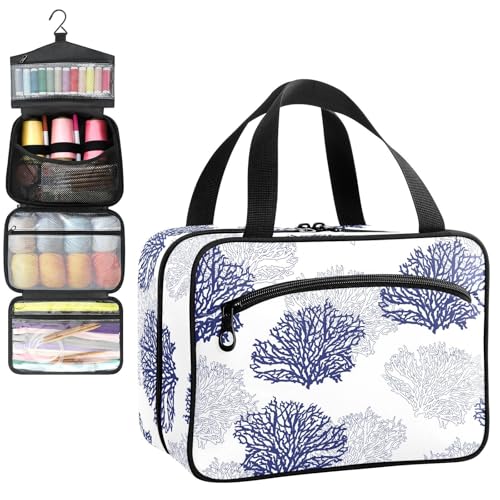 YNNALE Sewing Supply Organizer Bag, Coral Patterned Navy Blue Gray White Portable Sewing Bags with Pockets&Hanger, Sewing Storage Box Case for Sew Supplies/Kit/Tools/Accessories (BAG ONLY)