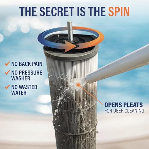 CYCLONE FILTER CLEANER &ndash; Patented Hose-Powered Spinning Pool Cartridge Filter Cleaning Tool with Stand & Spray Wand &ndash; Cleans 5X Faster &ndash; Fits 3&rdquo;, 4&rdquo;, 6&rdquo; ID Filters