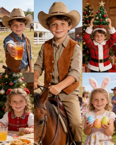 Image of Retro Boys Western Cowboy Vest for Kids Leather Suede Waistcoat | vintage dress vests, welt pockets, v-neck, adjustable waist, formal slim fit, wedding outfit, farm christmas birthday prom