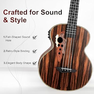 Caramel Ebony Wood Baritone Ukulele 30inch Wood LCD Color Display Electric Ukelele Kit Hawaiian Beginner Guitar Starter Pack Bundle Gig bag, Strap, Strings Set