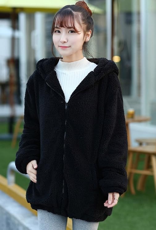 YUNZLAN ふわふわファッションテールイヤーパーカー レディース ガールズ 冬 暖かい フラシ天 スウェットシャツ セーター ア