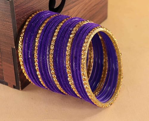 Image of NMII Premium Glass & Golden Beads Velvet Bangle Set For Women and Girls | Velvet Chudi | Traditional Chudi Set | Designer Girl's Bangles Bracelet | Wedding, Party, Festive, Daily- Set of 34