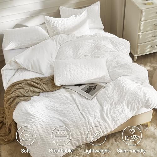 Image of JELLYMONI Bright White Duvet Cover Full Size, 3pcs Washed Microfiber Bedding Set, Soft Breathable Seersucker Duvet Cover Set with Zipper Closure and Corner Ties for All Seasons