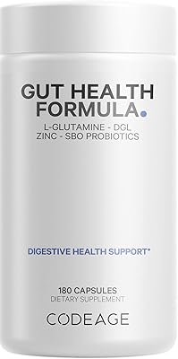 Codeage Gut Health Supplements Vegan Formula - L Glutamine, Zinc, Turkey Tail Mushroom Powder, Tonic Mushroom, Maitake, Micro Algae, Mineral, Licorice Root DGL - Probiotics, Prebiotics - 180 Capsules