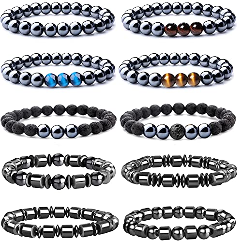 Jewdreamer 10Pcs Hematite Magnetic Bracelets for Men Women Tiger Eye Natural Stone Beaded Bracelets Magnetic Therapy Bracelet Lava Rock Oil Diffuser Aromatherapy Bracelets Set