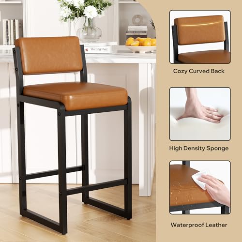 Image of Bar Stools Set of 2, Modern Counter Height Bar Stools with Back,26 inch Caramel