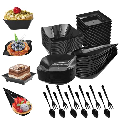 HEHIPLE 200 Pcs Mini Appetizer Plates with Spoons and Forks, Clear Disposable Dessert Bowls and Serving Trays, Tiny Plastic Party Plates for Appetizers, Tastings, Desserts