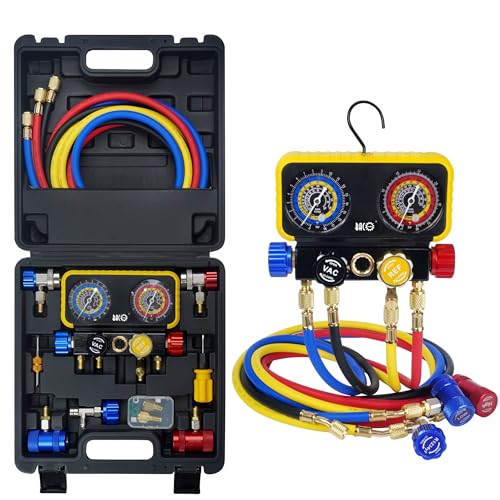 BACOENG AC R1234YF Gauge Set, Automotive 4 Way R1234yf Refrigerant Recharge Kit, R134A AC Manifold Gauge Set with 5FT Hoses for Car Charging and Evacuation