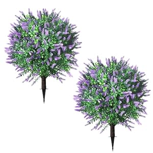 Sunnyglade 25.5″ Set of 2 Artificial Lavender Topiary Ball Trees, Faux Lavender Shrub Bushes with Ground Spike, UV Resistant Fake Plants for Indoor, Garden, Yard, Porch, Patio Decor (2, Purple)