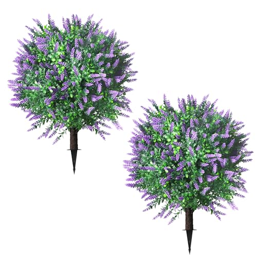 Sunnyglade 25.5″ Set of 2 Artificial Lavender Topiary Ball Trees, Faux Lavender Shrub Bushes with Ground Spike, UV Resistant Fake Plants for Indoor, Garden, Yard, Porch, Patio Decor (2, Purple)