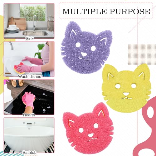 Image of FillTouch 3 Pcs Dual Sided Scrub Sponge Multi Functional Cute Temperature Sensitive Non Scratch Dish Sponge for Washing Dishes Kitchen Bathroom(Cat,Pink, Yellow, Purple)
