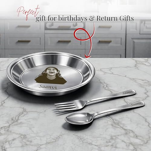 Image of Savri Personalized Kids Stainless Steel Dinner Plate - Customized Laser Photo & Name Engraved Round Plate, Spoon & Fork | Cute Cartoon Design | Baby,Toddler & Kids Gift for Birthday,Return & Daily Use