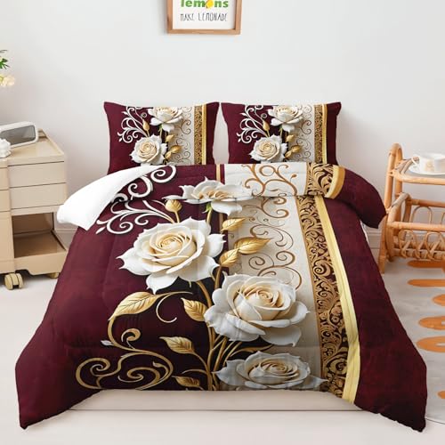 Image of AILONEN White Rose Comforter Set Queen Size for Girls Women, Bohemian Floral Bedding Set 3Pcs,Beautiful Flower Soft Duvet with 2 Pillowcases