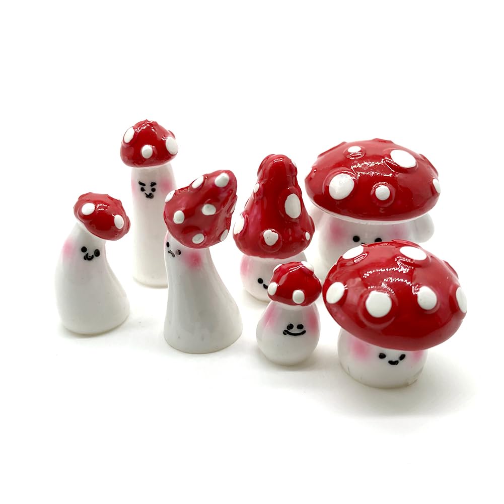 Aliotech 7pcs Red Mini Mushrooms Crafts Little Fairy Garden Mushrooms Tiny Resin Mushroom Decor Fake Mushroom Miniatures Statue for Bonsai Micro Landscape Craft