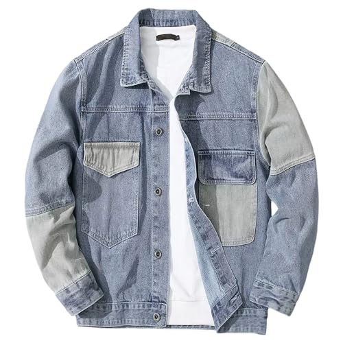 Chaqueta vaquera de patchwork para hombre, informal, de talla grande, ligera, moda, manga larga, clásica, azul, talla 3XL