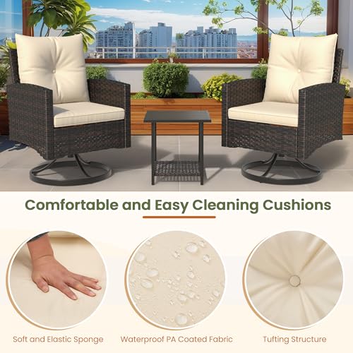 BUPPLEE Outdoor Swivel Chairs, 3 Pieces Patio Furniture Set with 360° Wicker Swivel Rocking Chairs and Side Table, Patio Bistro Set Washable Cushions for Porch, Balcony, Deck Garden, Backyard - Beige - Thumbnail 5