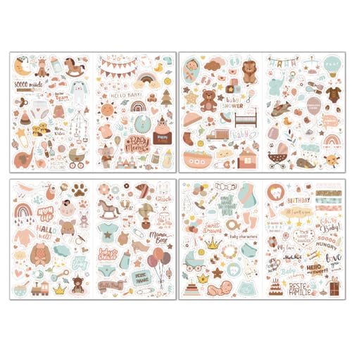 ZORVUJI Kit Scrapbooking Enfant, 212 Pièces Stickers pour Album Naissance Bébé, 8 Feuilles A4 Autocollants Scrapbooking, Cadeau Baby Shower avec Animaux et Motifs...