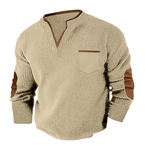 Men's Quilted Sweatshirt Waffle Stand Collar Button Pullover Sweatshirts Casual Long Sleeve Polo Sweater