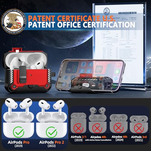 Image of for AirPods Pro 1st /2nd Case with Lock & Phone Stand(Red) | Automatic Snap Switch Lock,Carbon Fiber Texture Design Cover with Cleaner Kit