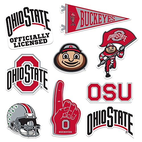 The Ohio State University Buckeyes 8ct Mixed Logo and Mascot Vinyl Sticker Pack for Laptop Water Bottle Tablet Scrapbooking Skateboard Indoor Outdoor Decals