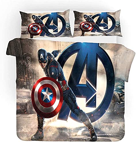 QWAS Housse de couette Captain America 3D Comic Avengers Housse de couette 100 % microfibre, 1 housse de couette et 2 taies d'oreiller (A02,140 x 210 cm+50 x 75 cm)
