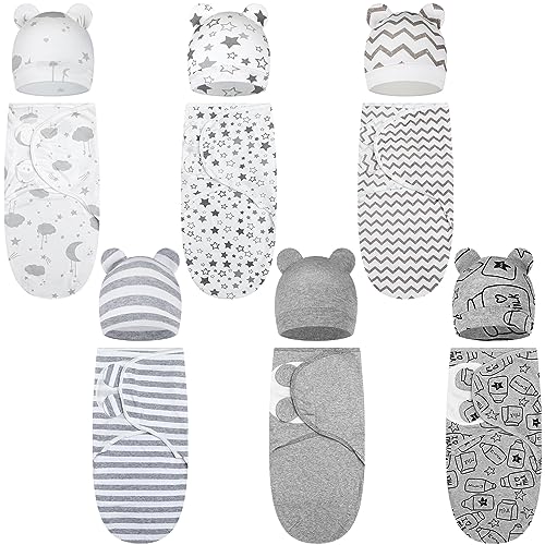 Ramede 6 Pack Baby Swaddle Blanket with Hats Set for 0-3 Months Preemie Newborn Sacks Soft Cotton Wearable for Baby Boy and Girl(28.74 x 19.69 Inch, Star)