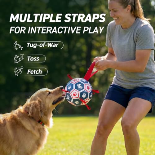 Image of QDAN Dog Toys Soccer Ball with Straps:Durable Balls for Large Dogs, Outdoor Dog Toys, Puppy Birthday Gifts (7 Inch)
