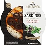 Brunswick Wild Caught Gourmet Brisling Sardines in Extra Virgin Olive Oil, Mediterranean Style with Black Olives, Herbs and Spices, 4.23 oz Can - Wild Caught Sardines - 13g Protein per Serving