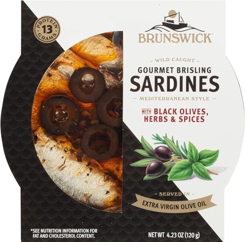 Brunswick Wild Caught Gourmet Brisling Sardines in Extra Virgin Olive Oil, Mediterranean Style with Black Olives, Herbs and Spices, 4.23 oz Can - Wild Caught Sardines - 13g Protein per Serving
