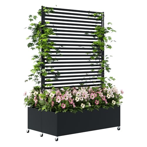 Double Metal Planter Box with Trellis Privacy Screen, Raised Garden Bed with Trellis & Wheels,...