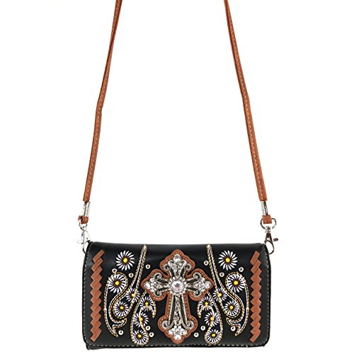 Justin West Sunflower Floral Embroidery Western Rhinestone Cross Conceal Carry Messenger Bag Purse3