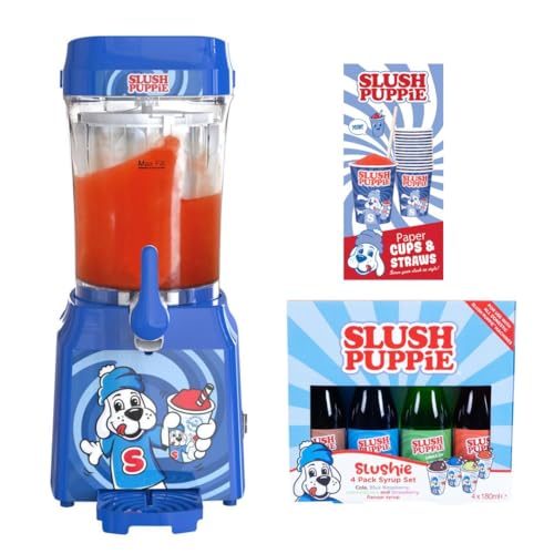 Fizz Creations Official SLUSH PUPPiE Machine. Countertop SLUSH PUPPiE Maker. Includes 180ml Blue Raspberry, Strawberry, Cola, Lemon & Lime Syrups Gift Set & 20 SLUSH PUPPiE Paper Cups & Straws.