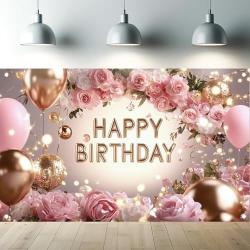 Pink Rose Happy Birthday Backdrop Banner Gold Glitter Crown Photo...