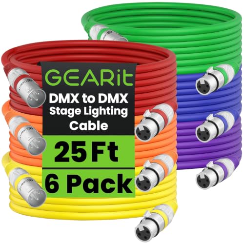 GEARit DMX Cable 25ft 6 Pack,DMX Lighting Cable 3 Pin XLR Male to Female 110 Ohm XLR Cable,Shielded DMX Signal Cable for DJ Lights,Stage Lights,LED Moving Head Lights,Par Lights &amp; Lighting Controllers