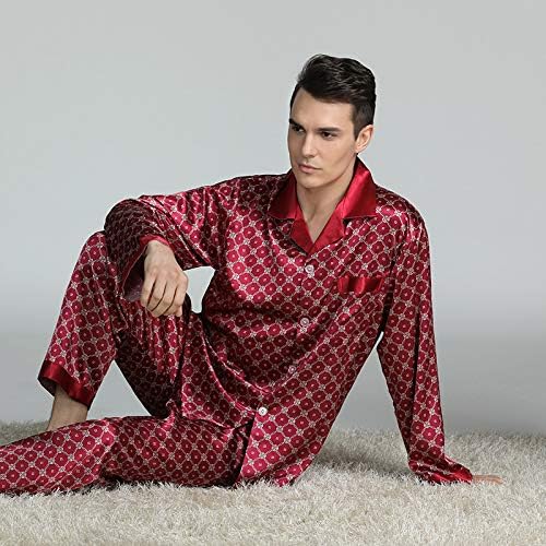 Mens Satin Silky Pajama Set Long Sleeve Classic Sleepwear Button Down Loungewear with Long Pants4