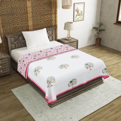 Image of BLOCKS OF INDIA Hand Block Printed Cotton Single Size Reversible Malmal Dohar for Summer (Pink Tree of Life)