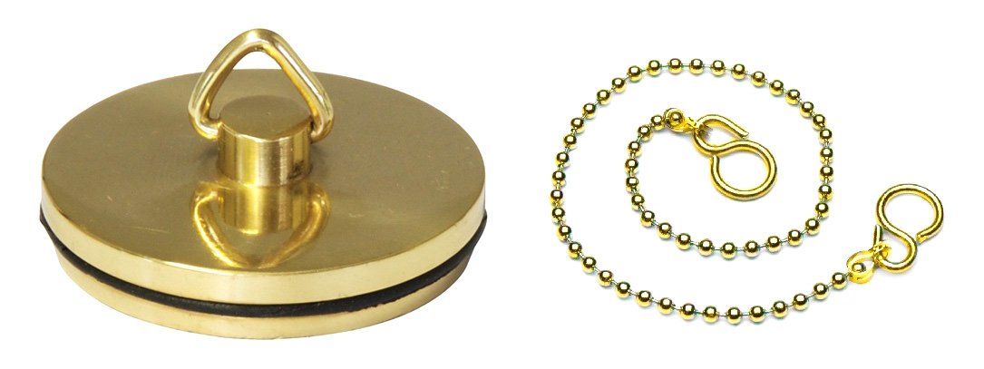 Merriway BH03914 45mm 1.3/4 inch Brass Plated Metal Bath Basin Shower Plug Stopper with 450mm 18-inch Polished Brass Ball Chain and S-Hook