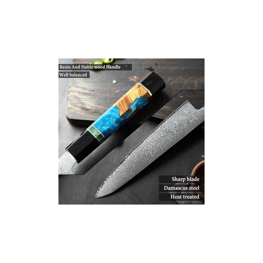6-Piece Damascus Kitchen Knife Set,Professional Knife Sets for Chefs,Japanese VG-10 Super Steel Knife Set, Blue Resin Handle Razor-Sharp ZILNEHZ