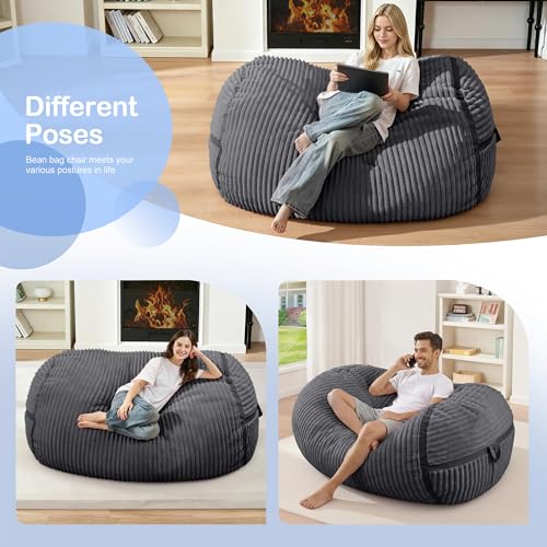 Image of 4FT Bean Bag Chair 4'Big Bean Bag Chairs with Adults, Large Beanbag Chair | Bean bag Lounger with Machine Washable Cover Corded Plush Fabric, Comfy Chairs for Living Room Bedroom Dorm, Darkgrey